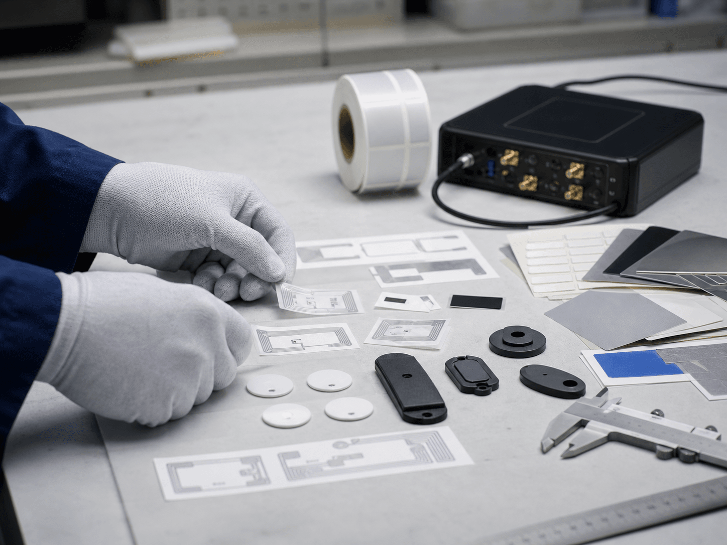 RFID engineering workbench with passive inlays, tags and test equipment