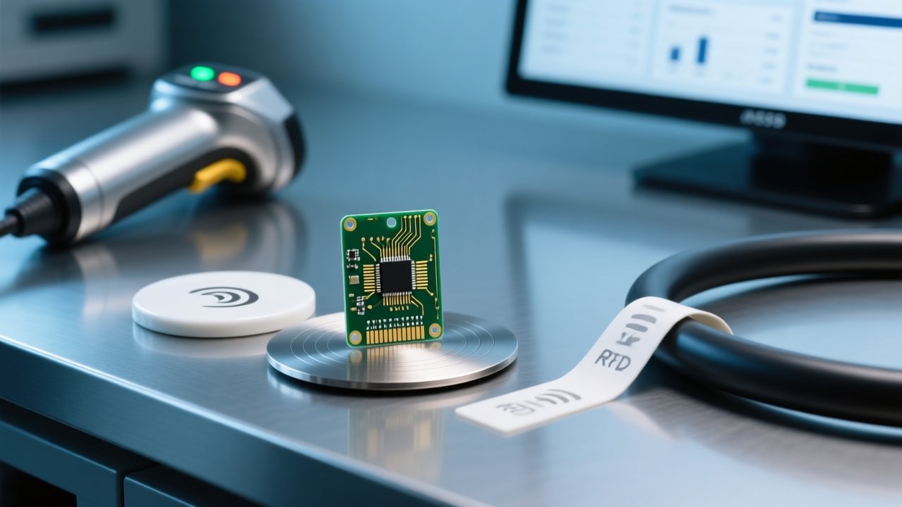 Professional industrial scene showing PCB, ceramic, and flexible RFID tags placed on representative surfaces: circuit board, metal carrier tray, and curved hose — clean studio lighting