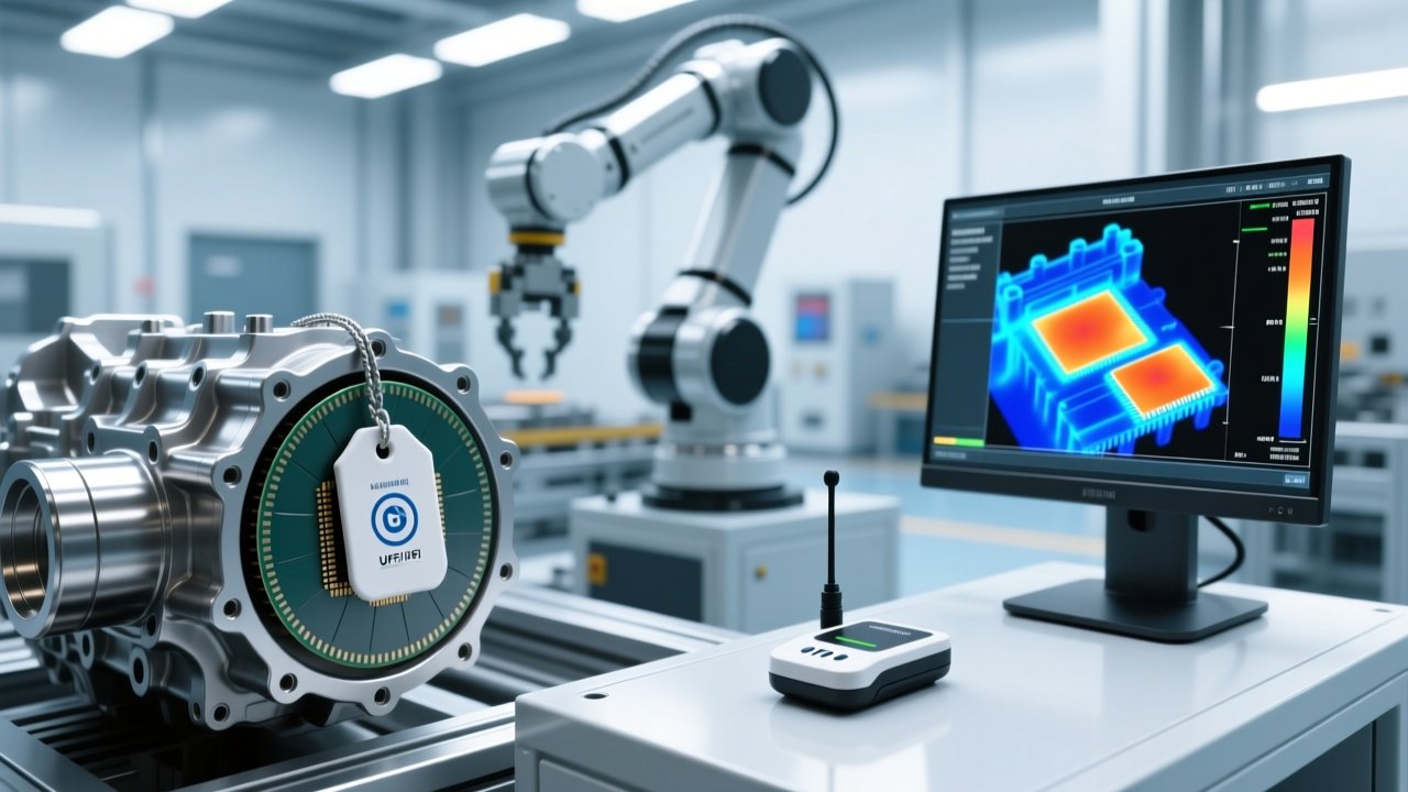 Professional industrial scene showing ceramic RFID tags mounted on metallic components inside a high-temperature manufacturing environment with clean lighting and modern equipment