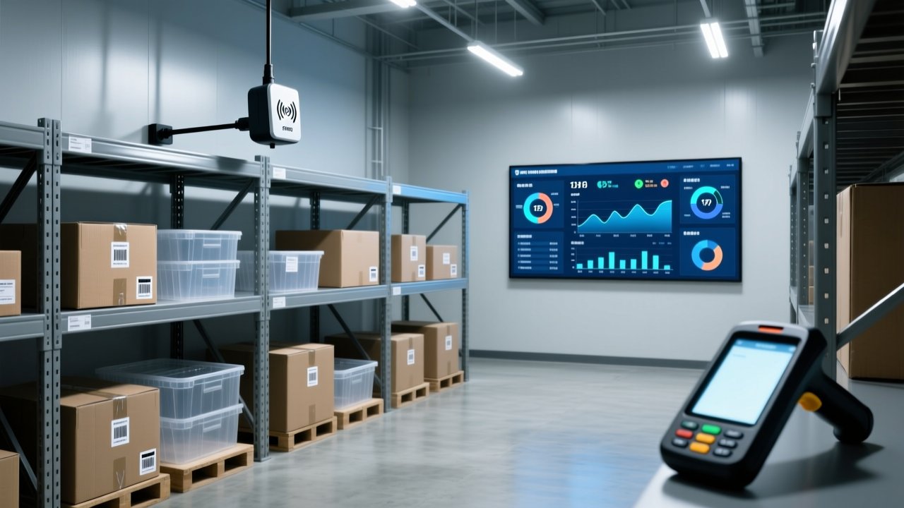Professional industrial scene showing UHF RFID reader antenna scanning metal shelving with tagged logistics containers, clean warehouse lighting, blue-gray color scheme