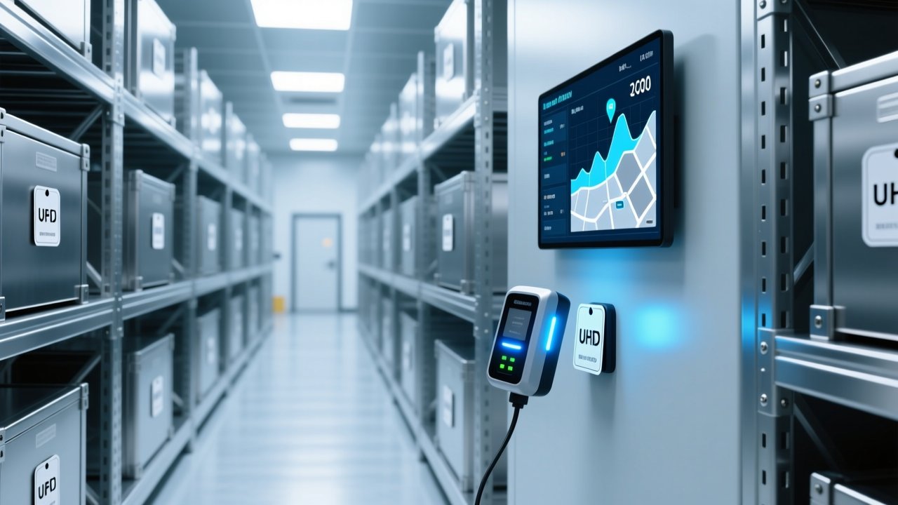 Professional industrial setting showing UHF RFID tags, compact readers, and digital dashboard displaying real-time tag reads — clean blue-gray corporate aesthetic