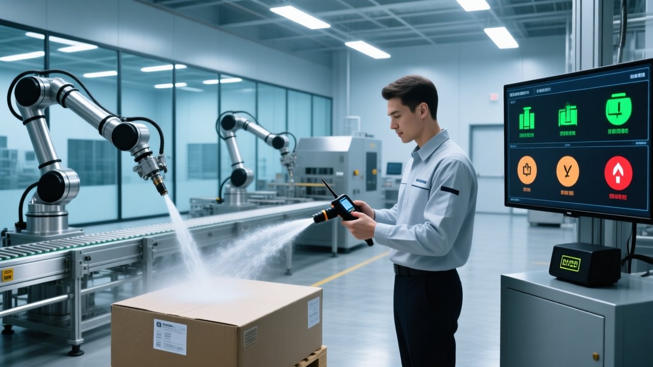Professional industrial scene showing IP-rated RFID tags mounted on metal assets beside high-pressure wash equipment and handheld RFID reader