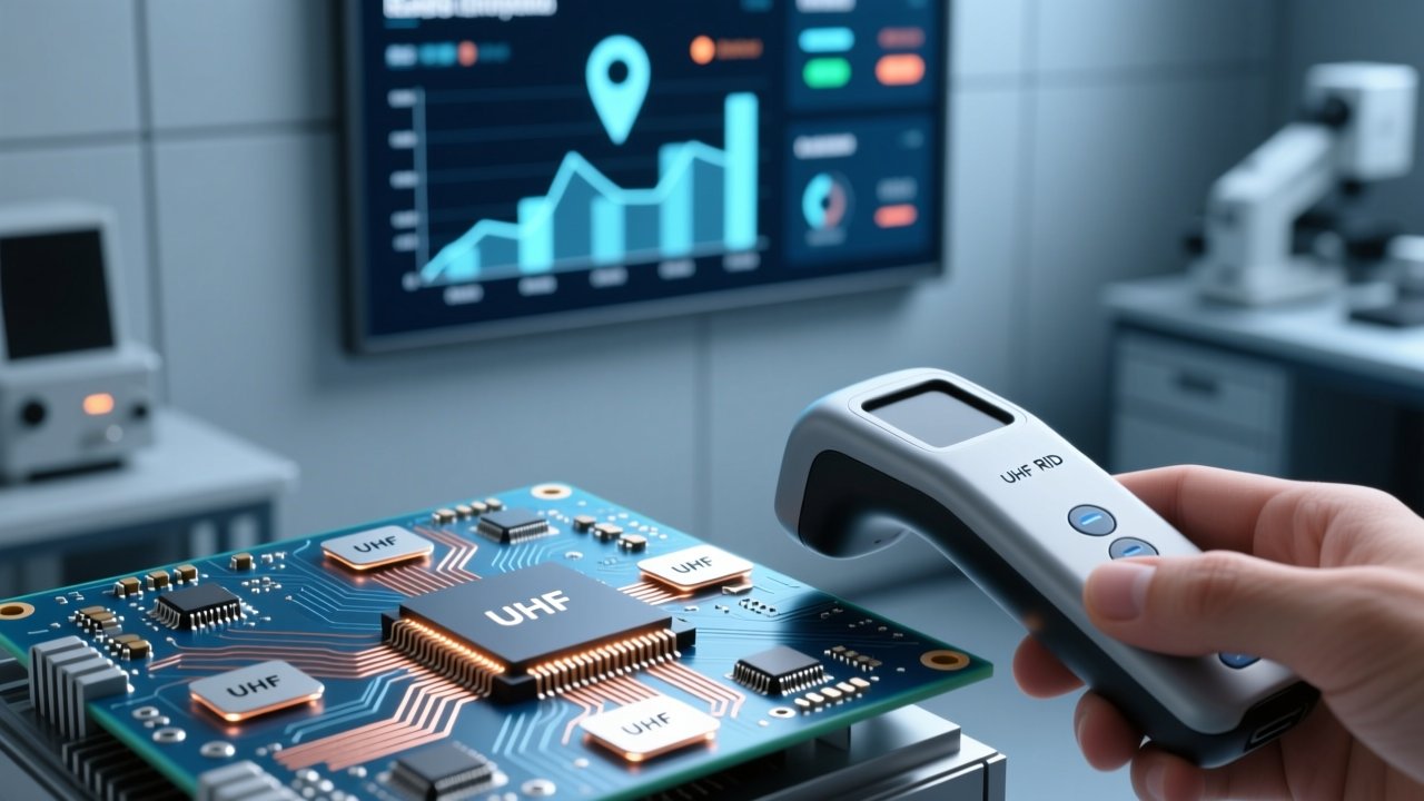 Professional close-up of ultra-small UHF RFID tags on industrial circuit board, next to handheld RFID reader and digital dashboard showing real-time asset tracking data