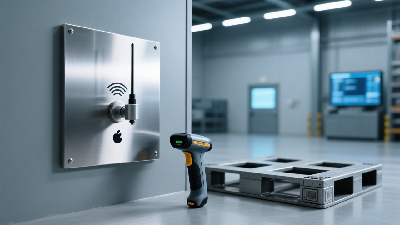 Professional close-up of an industrial UHF RFID antenna mounted on a brushed steel surface, with clean warehouse background and subtle IoT dashboard display