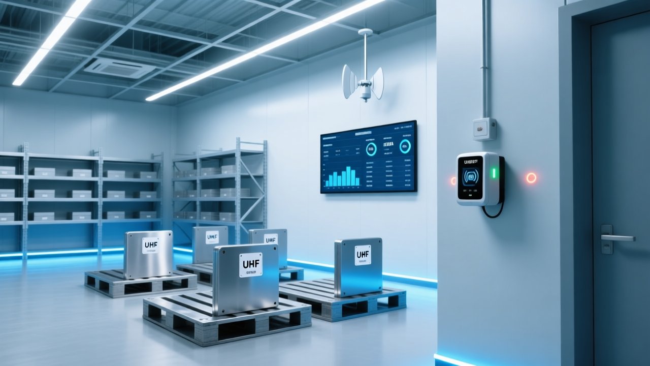 Professional warehouse scene showing UHF RFID reader scanning metal-mount RFID tags on industrial pallets, digital dashboard displaying real-time inventory data, clean blue-gray lighting