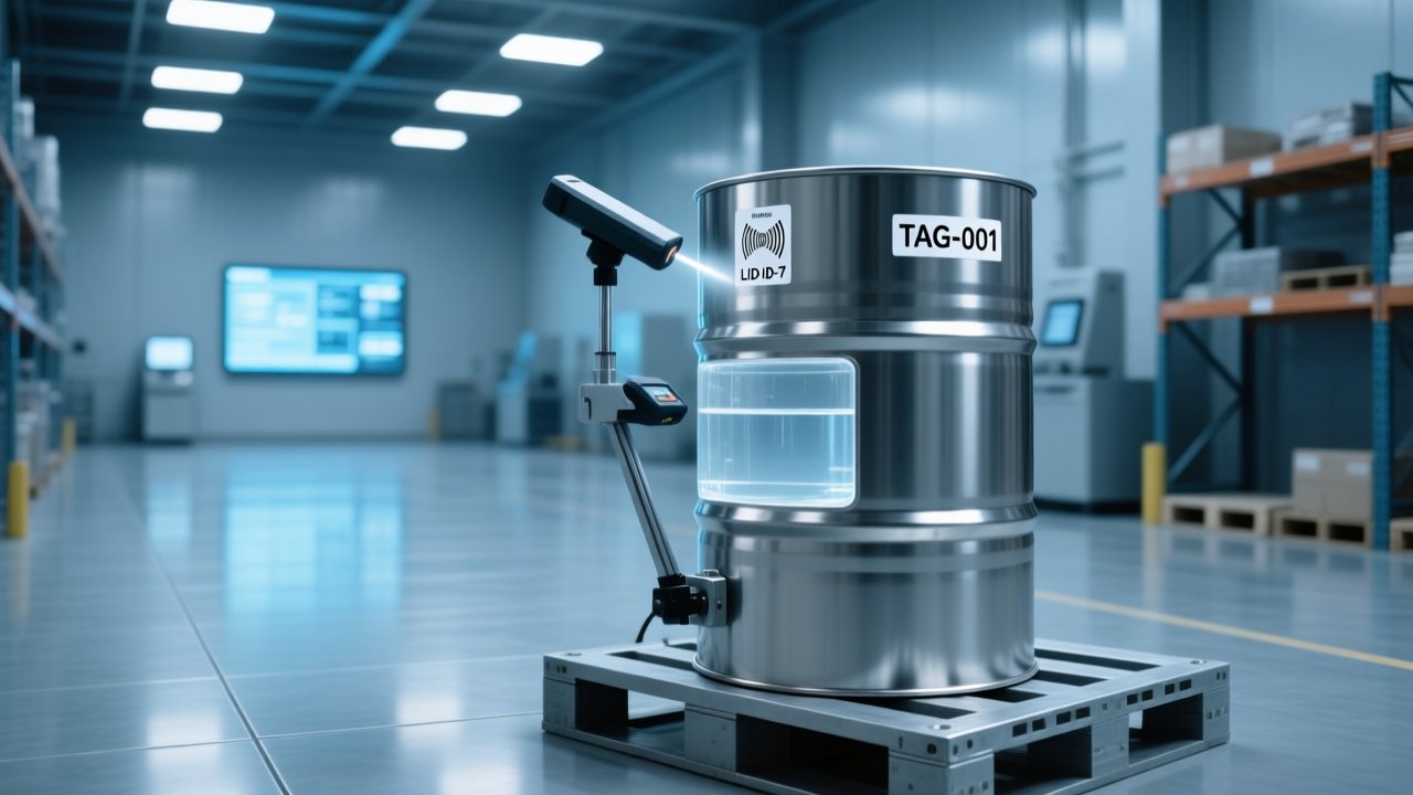 Professional industrial scene showing UHF RFID reader scanning metal container partially filled with clear liquid, with RFID tags visible on surface and side, clean warehouse background