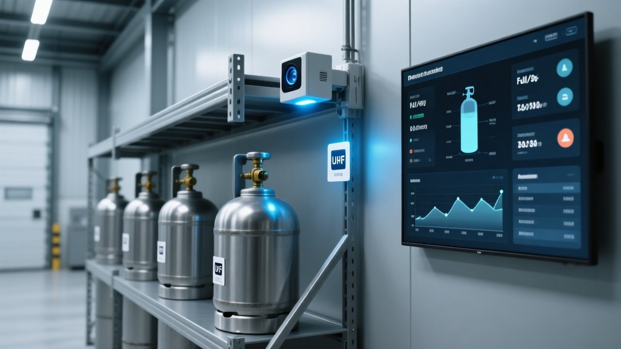 Professional warehouse scene showing RFID-enabled gas cylinder tracking with metal-mounted tags, fixed readers, and digital dashboard display