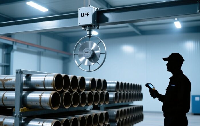 Professional industrial scene showing UHF RFID reader scanning drill pipes in an organized oil field pipe yard with clean lighting and modern equipment
