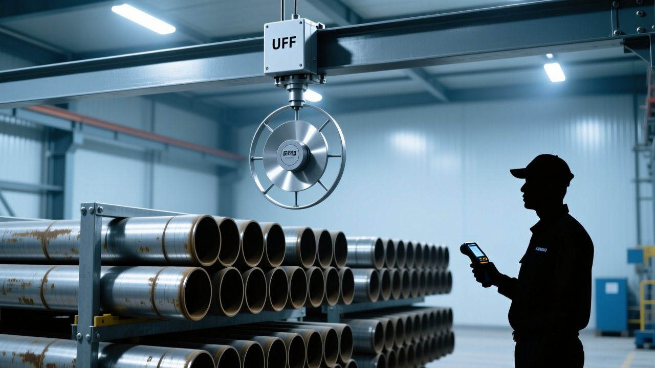 Professional industrial scene showing UHF RFID reader scanning drill pipes in an organized oil field pipe yard with clean lighting and modern equipment