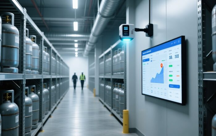 Professional warehouse scene showing RFID reader scanning rows of industrial gas cylinders on metal racks, with digital dashboard display in background