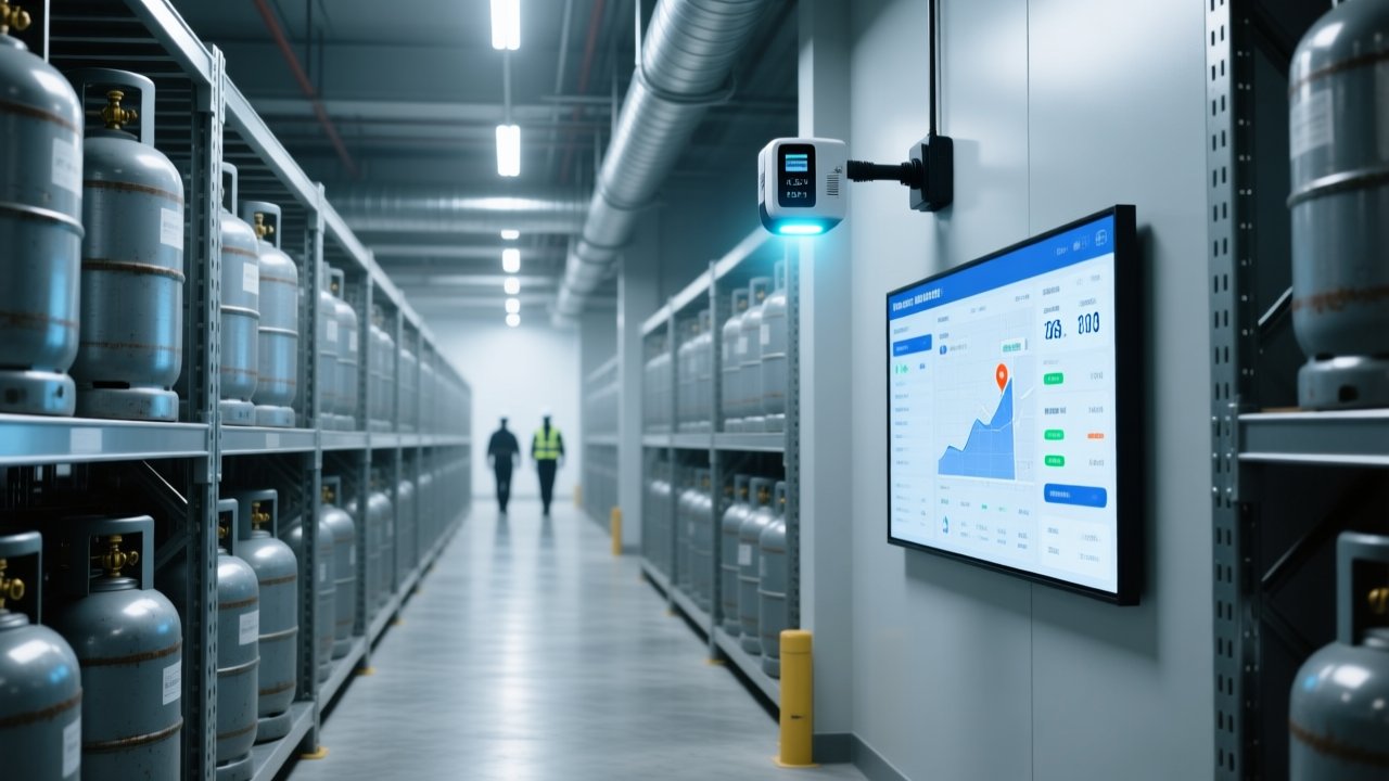 Professional warehouse scene showing RFID reader scanning rows of industrial gas cylinders on metal racks, with digital dashboard display in background