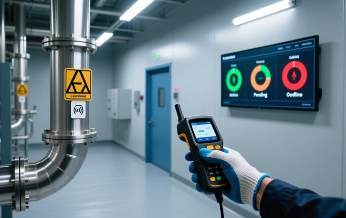 Professional industrial scene showing ATEX-certified RFID tags mounted on steel piping in a clean refinery setting, with handheld scanner and digital dashboard display