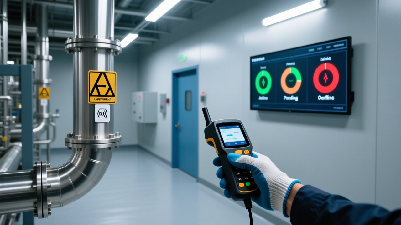 Professional industrial scene showing ATEX-certified RFID tags mounted on steel piping in a clean refinery setting, with handheld scanner and digital dashboard display