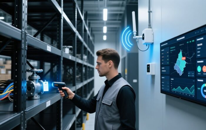 Professional industrial scene showing RFID readers scanning metal assets in an organized oil & gas logistics warehouse