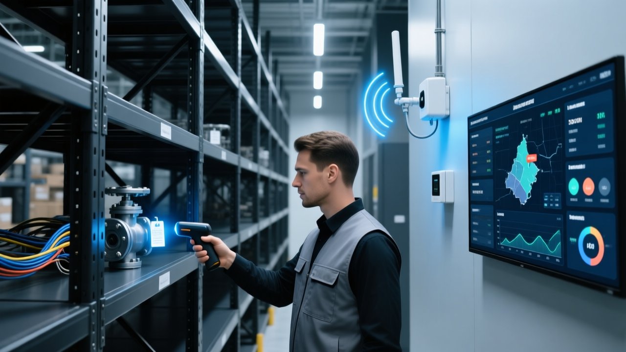 Professional industrial scene showing RFID readers scanning metal assets in an organized oil & gas logistics warehouse