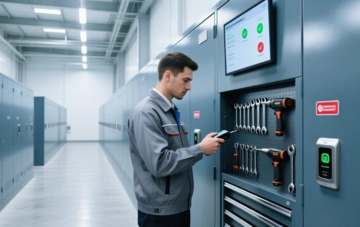 Professional warehouse scene showing RFID tool tracking: metal tool cabinet with embedded reader, handheld RFID scanner, anti-metal RFID tags on wrenches and drills, digital dashboard displaying real-time tool status