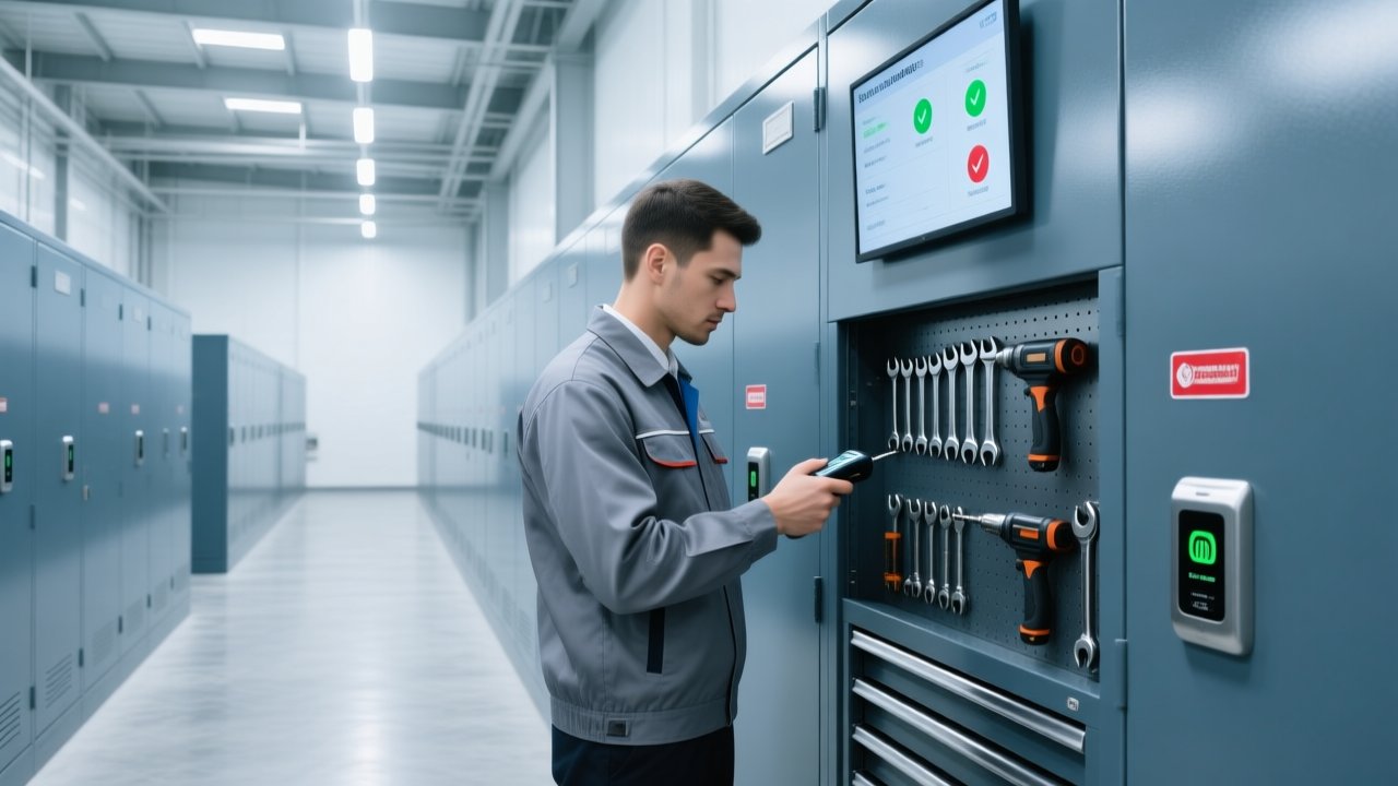 Professional warehouse scene showing RFID tool tracking: metal tool cabinet with embedded reader, handheld RFID scanner, anti-metal RFID tags on wrenches and drills, digital dashboard displaying real-time tool status