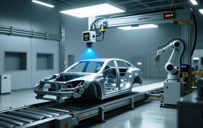 Professional industrial scene showing UHF RFID readers scanning automotive chassis on an assembly line, with clean lighting and modern factory aesthetics