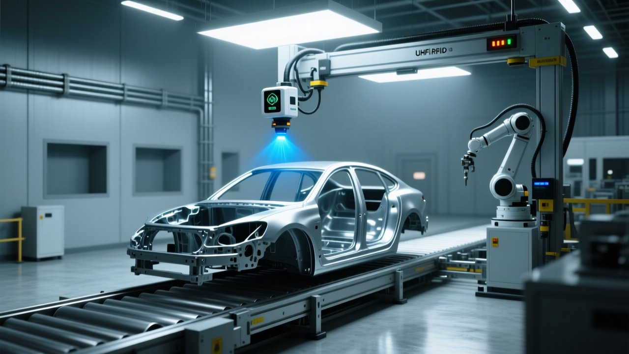 Professional industrial scene showing UHF RFID readers scanning automotive chassis on an assembly line, with clean lighting and modern factory aesthetics