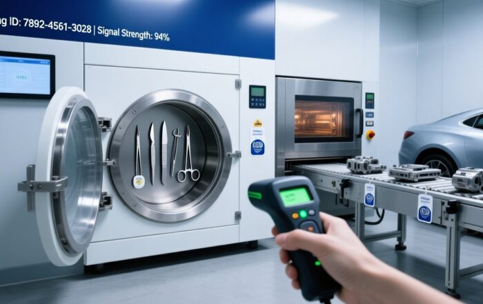 Professional industrial scene showing RFID tags on metal tools inside an autoclave chamber and beside a paint-curing oven, with handheld scanner and digital dashboard