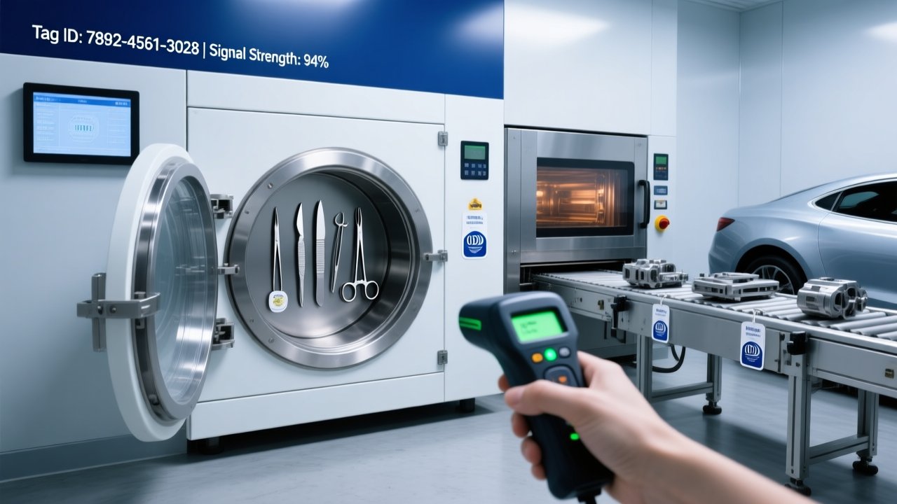 Professional industrial scene showing RFID tags on metal tools inside an autoclave chamber and beside a paint-curing oven, with handheld scanner and digital dashboard