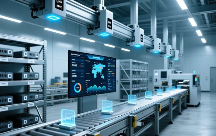 Professional smart factory scene with RFID readers, metal shelving, digital dashboard, and automated logistics equipment