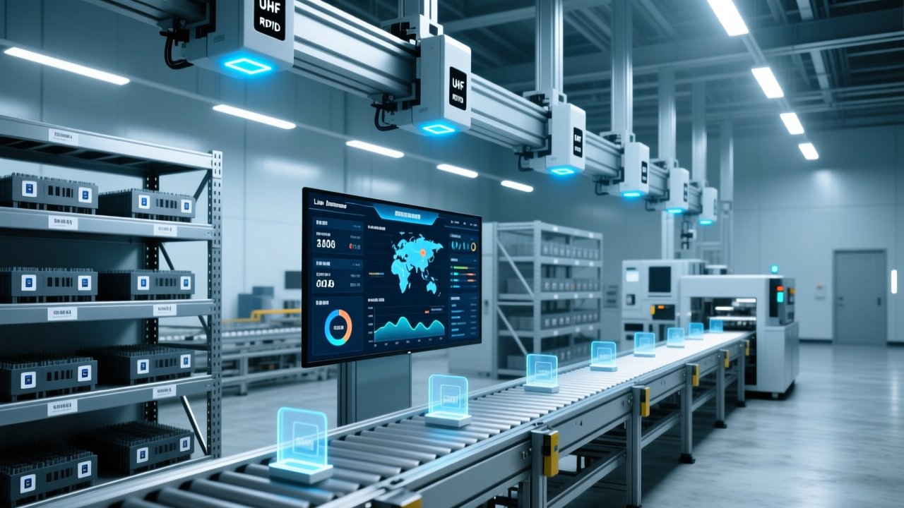 Professional smart factory scene with RFID readers, metal shelving, digital dashboard, and automated logistics equipment