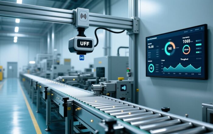 Professional factory floor showing RFID reader mounted above conveyor belt, metal parts with embedded RFID tags, digital dashboard displaying real-time tracking data, clean industrial lighting