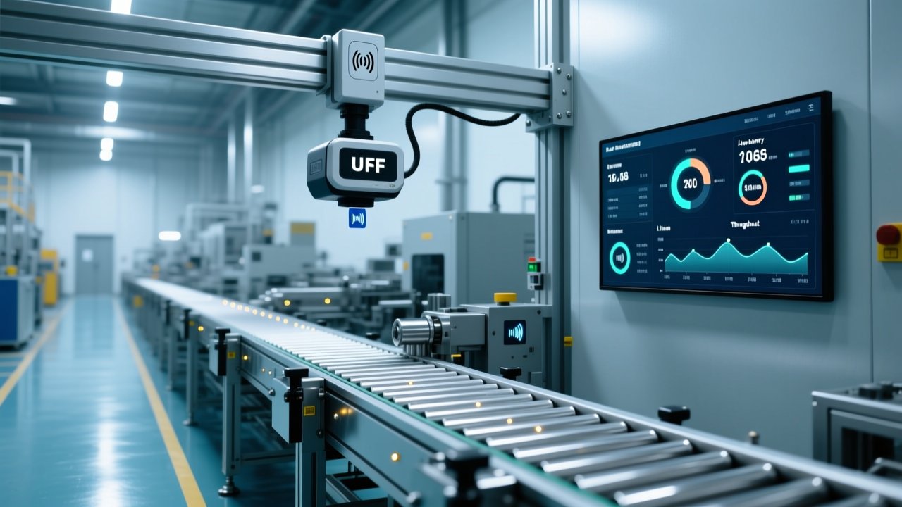 Professional factory floor showing RFID reader mounted above conveyor belt, metal parts with embedded RFID tags, digital dashboard displaying real-time tracking data, clean industrial lighting