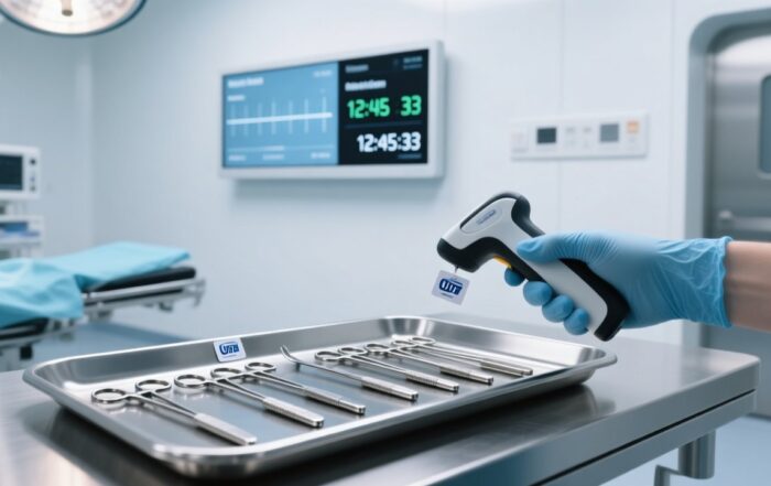 Professional close-up of stainless steel surgical instruments with embedded RFID tags, handheld RFID scanner, and digital dashboard showing sterilization status — clean clinical setting