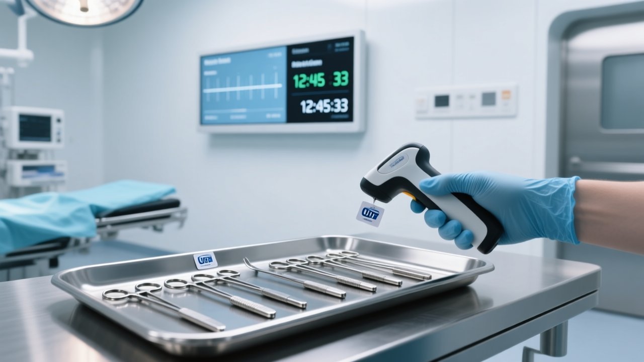 Professional close-up of stainless steel surgical instruments with embedded RFID tags, handheld RFID scanner, and digital dashboard showing sterilization status — clean clinical setting