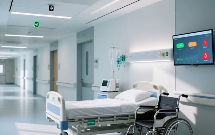 Professional healthcare setting showing RFID-tagged hospital bed, wheelchair, and infusion pump with subtle RFID reader antennas and digital dashboard display