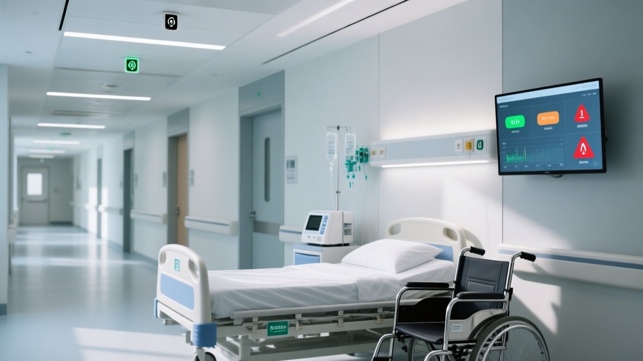 Professional healthcare setting showing RFID-tagged hospital bed, wheelchair, and infusion pump with subtle RFID reader antennas and digital dashboard display