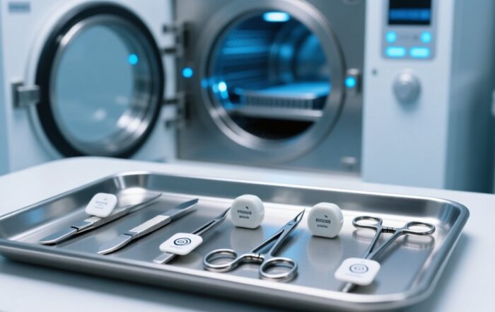 Professional close-up of autoclavable RFID tags on stainless steel surgical instruments inside a modern medical sterilization facility