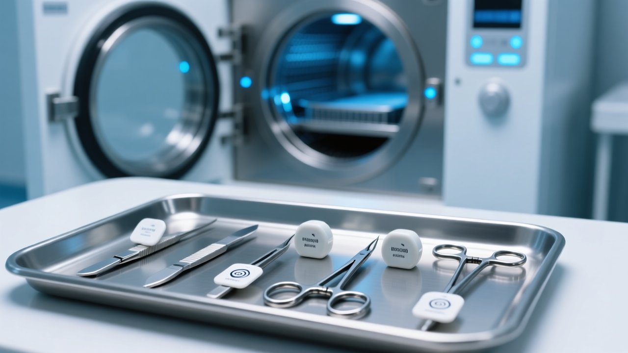 Professional close-up of autoclavable RFID tags on stainless steel surgical instruments inside a modern medical sterilization facility