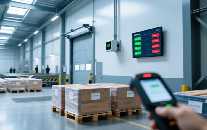 Professional warehouse scene showing RFID-enabled pallet tracking with fixed reader at dock door, handheld scanner, and tagged pallets under clean lighting