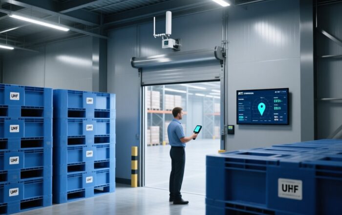 Professional warehouse scene showing RFID-enabled pallet tracking with handheld scanner, fixed reader antenna, and digital dashboard display