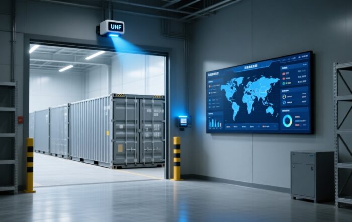 Professional warehouse scene showing RFID reader scanning shipping containers at a dock entrance, clean lighting, blue-gray color scheme, no text
