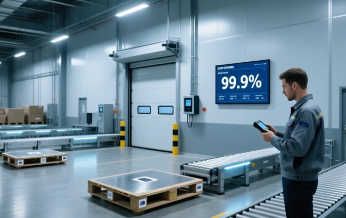 Professional warehouse with UHF RFID gateways, tagged pallets, handheld scanner, and digital dashboard showing real-time inventory accuracy metrics