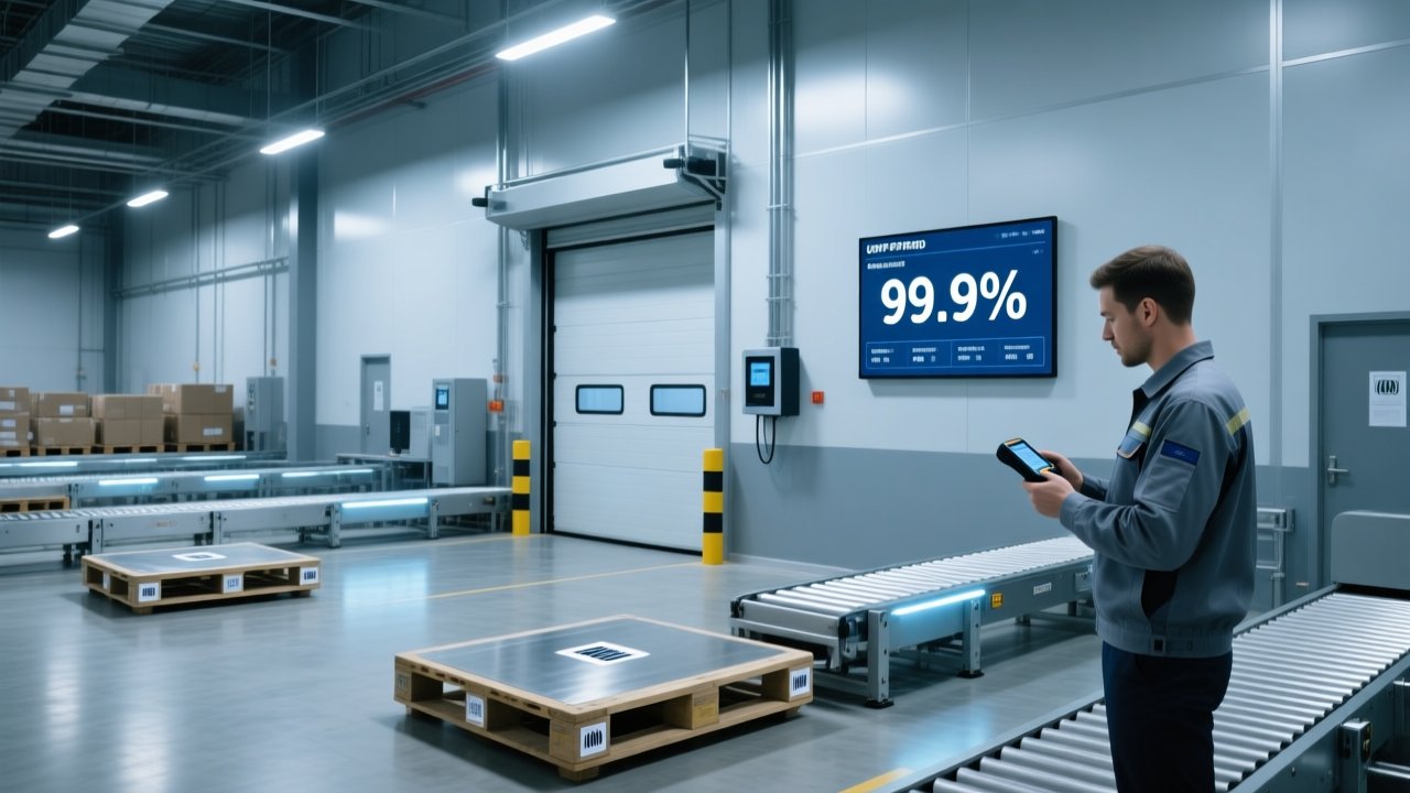 Professional warehouse with UHF RFID gateways, tagged pallets, handheld scanner, and digital dashboard showing real-time inventory accuracy metrics