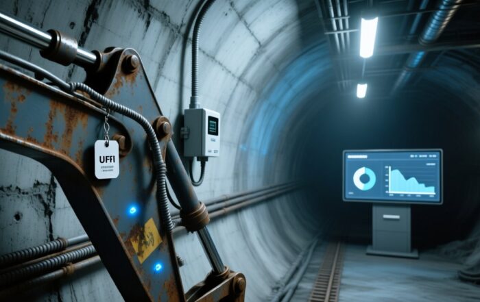 Professional industrial scene showing rugged UHF RFID tag mounted on mining equipment, fixed RFID reader mounted on tunnel wall, clean corporate tech aesthetic