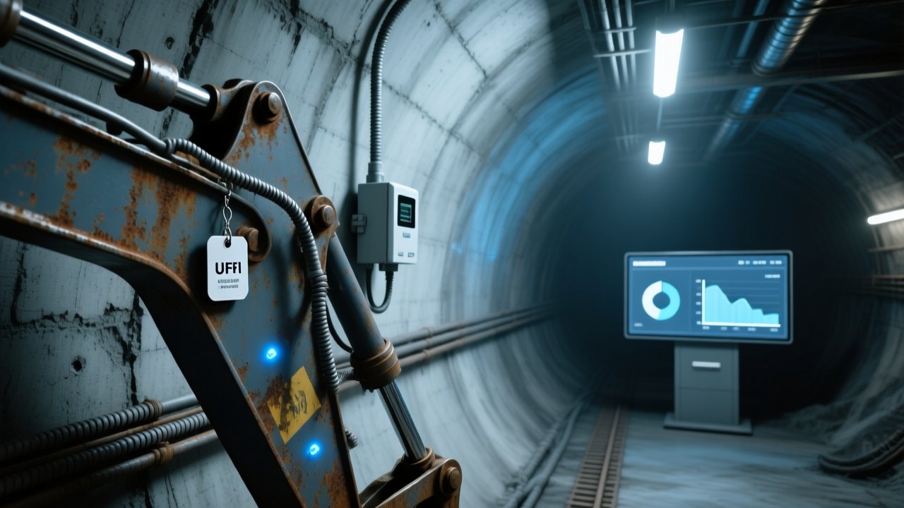 Professional industrial scene showing rugged UHF RFID tag mounted on mining equipment, fixed RFID reader mounted on tunnel wall, clean corporate tech aesthetic
