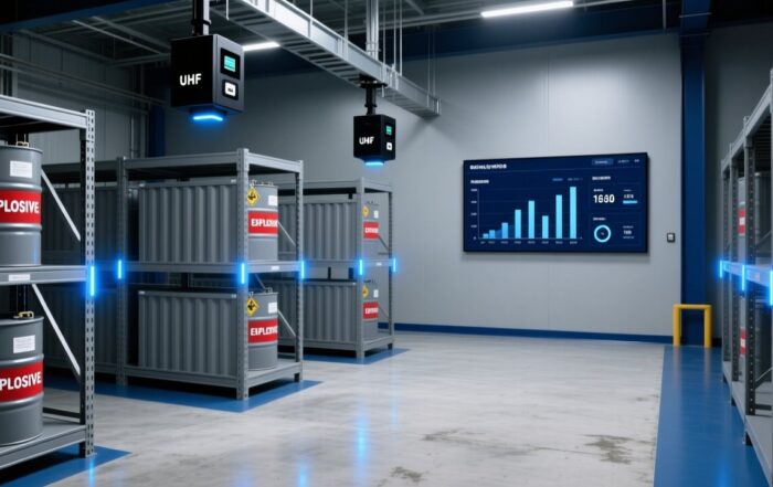Professional industrial scene showing RFID reader scanning metal explosive canisters in a controlled mining logistics warehouse