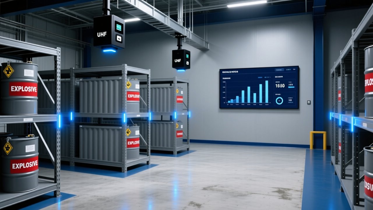 Professional industrial scene showing RFID reader scanning metal explosive canisters in a controlled mining logistics warehouse
