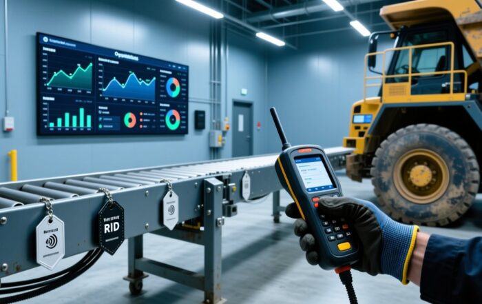 Professional industrial scene showing rugged RFID tags mounted on mining equipment with handheld scanner and digital dashboard
