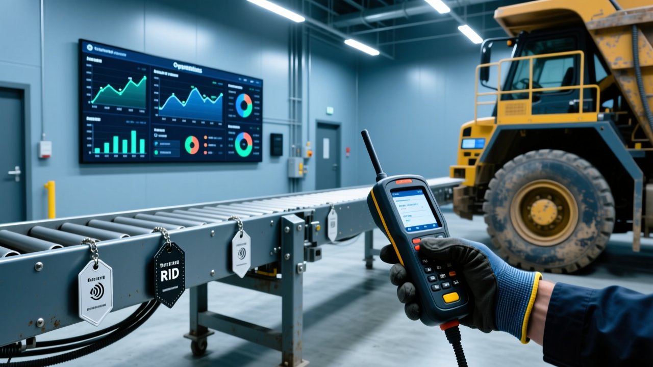 Professional industrial scene showing rugged RFID tags mounted on mining equipment with handheld scanner and digital dashboard