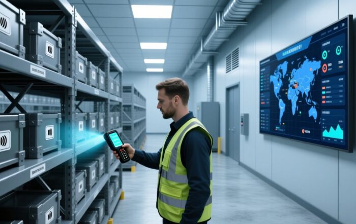 Professional industrial scene showing RFID scanning of metal assets in a modern warehouse with UHF reader, anti-metal tags on steel shelving, and digital dashboard display