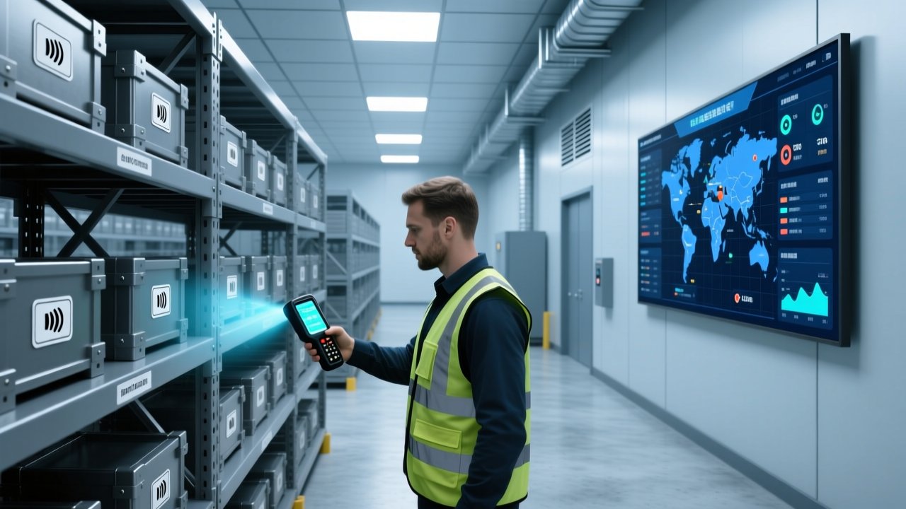 Professional industrial scene showing RFID scanning of metal assets in a modern warehouse with UHF reader, anti-metal tags on steel shelving, and digital dashboard display