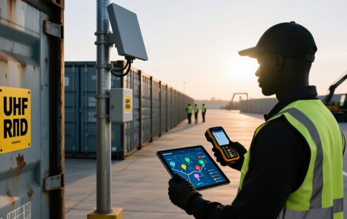 Professional warehouse yard with RFID-tagged shipping containers, handheld UHF scanner, and industrial antenna mounted on pole — clean corporate tech aesthetic